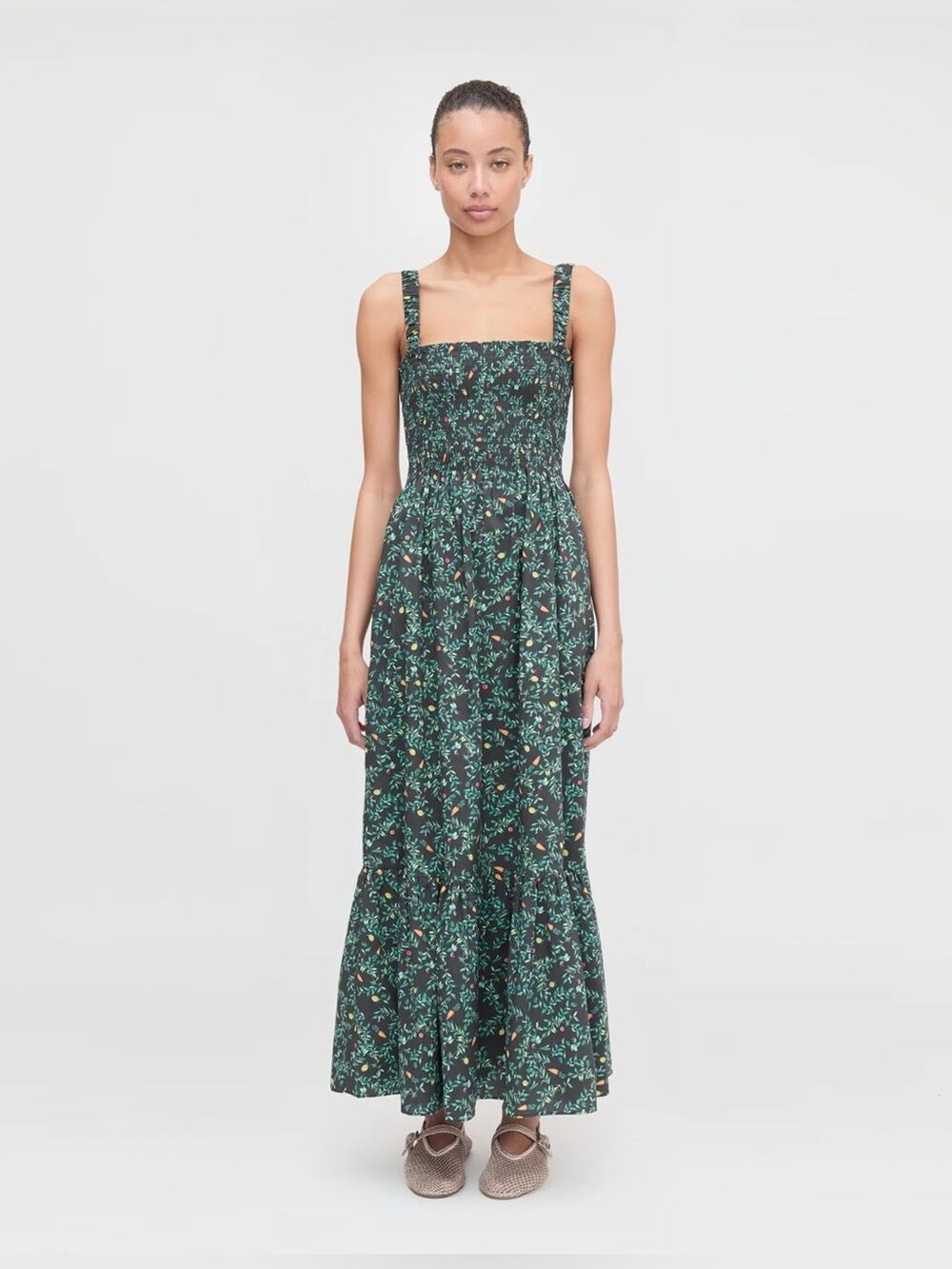 Hill House Home The Anjuli Nap Dress Midnight Garden Cotton Smocked Midi XS